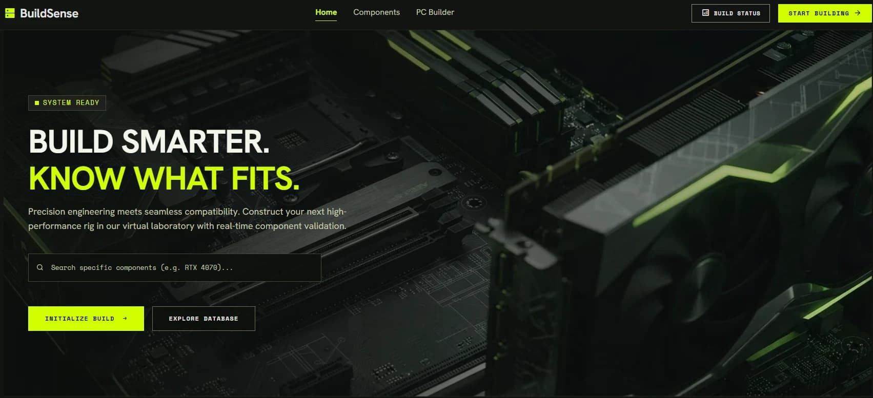 الصفحة الرئيسية لمنصة BuildSense لاكتشاف مكونات الحاسوب