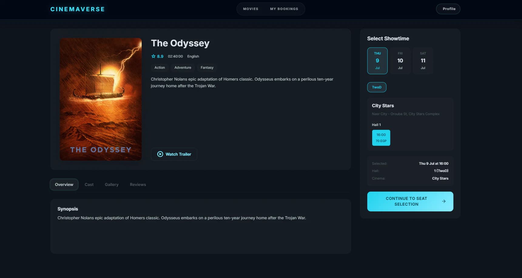 CinemaVerse movie details and showtimes