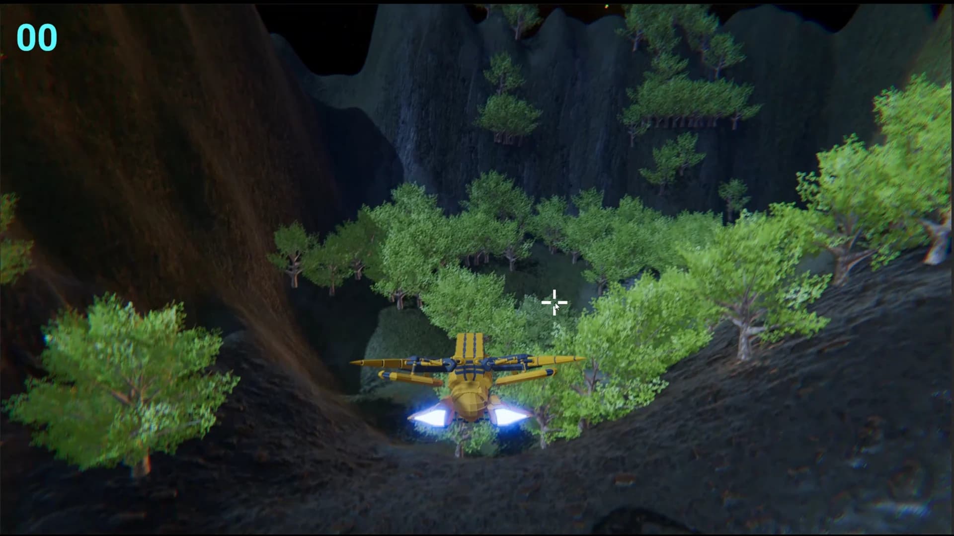 Galaxy Strike spacecraft flying through the forest canyon