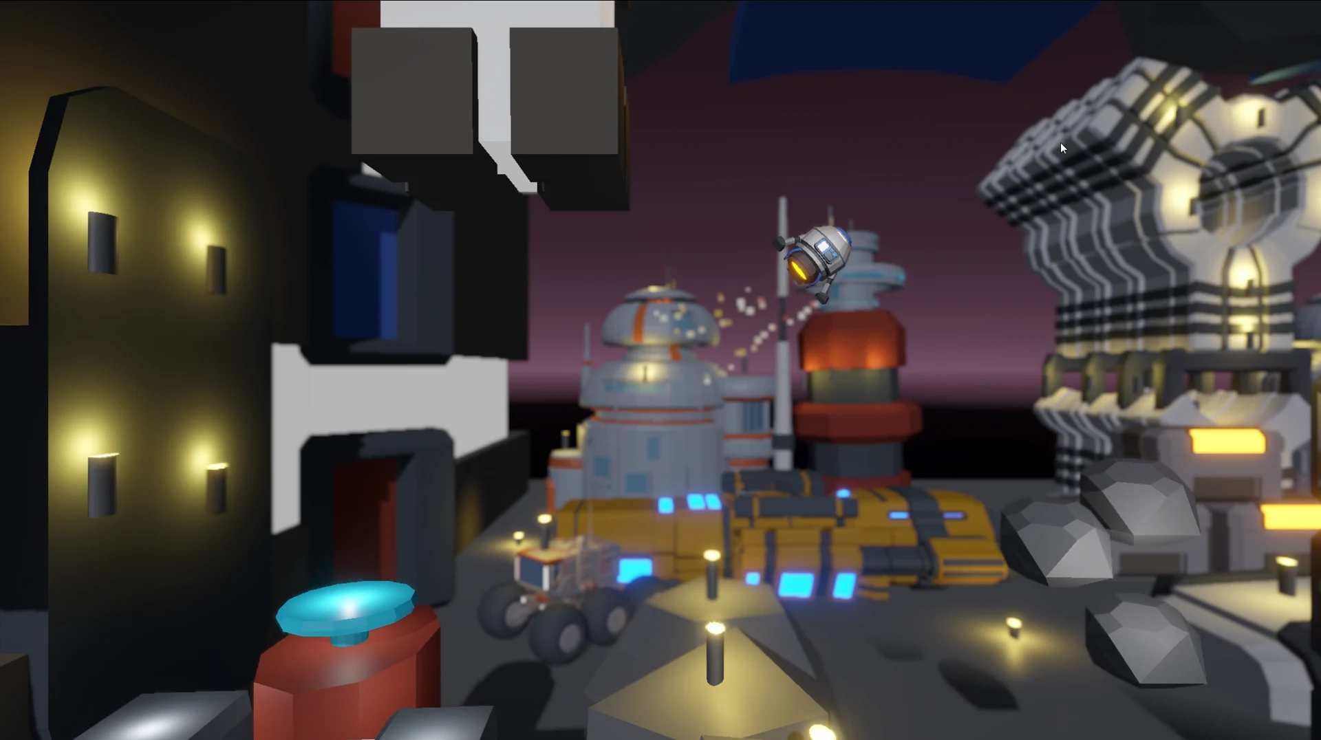 Rocket Boost spacecraft crossing the illuminated colony