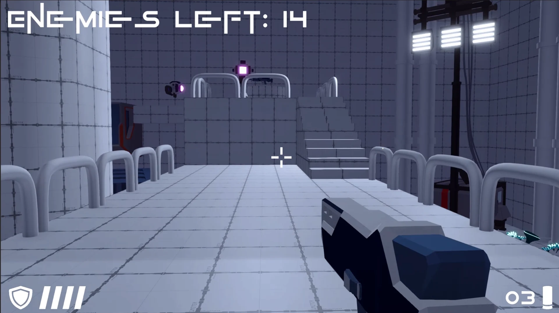 Sharp Shooter arena overview with active targets and weapon HUD