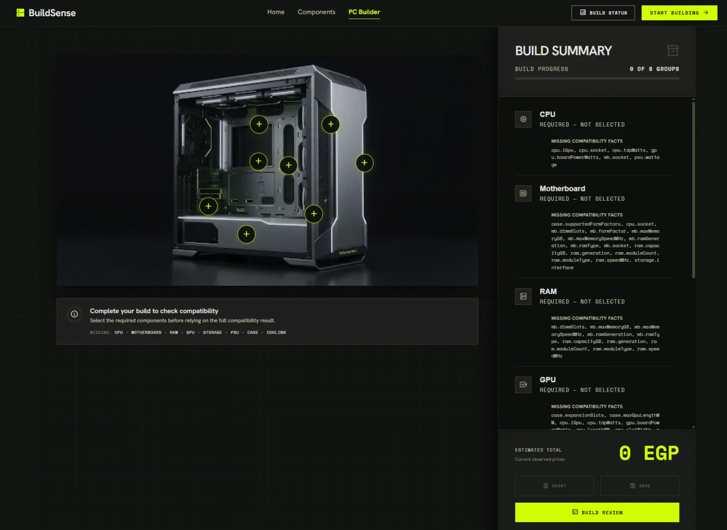 BuildSense PC builder workspace