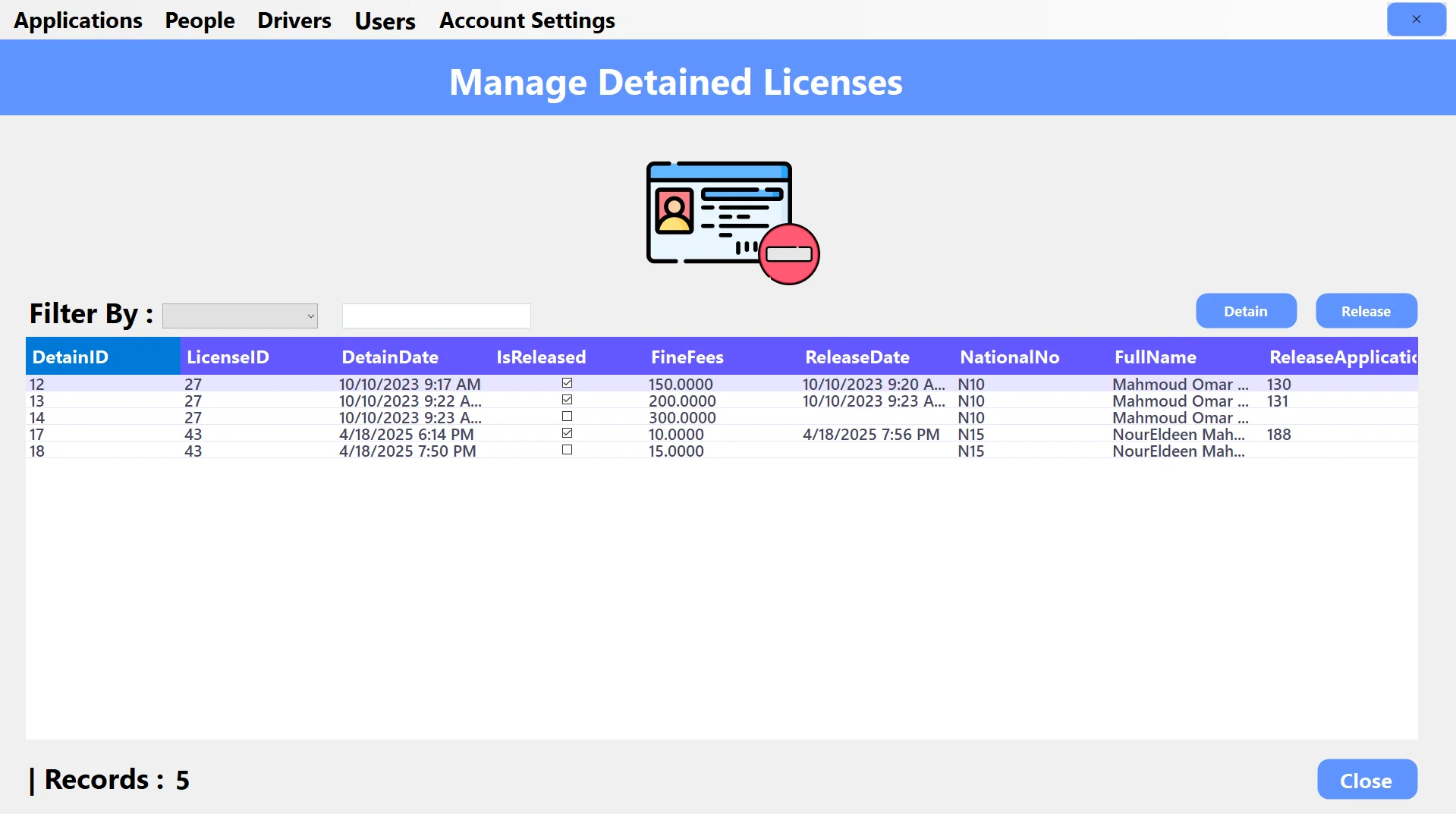 DVLD detained licenses